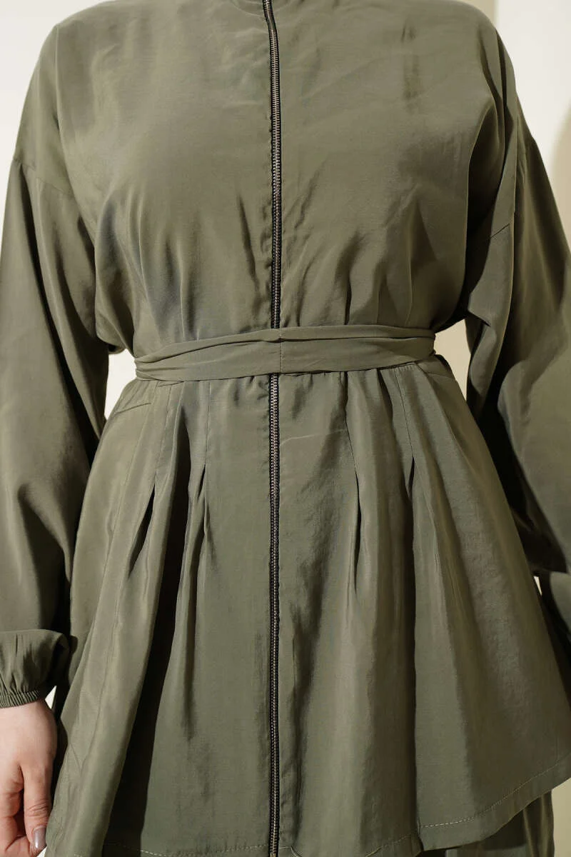 Zippered Belted Modal Two-Piece Set Khaki groothandel clothing set view 4 - Hicabistan Turkije fabriek