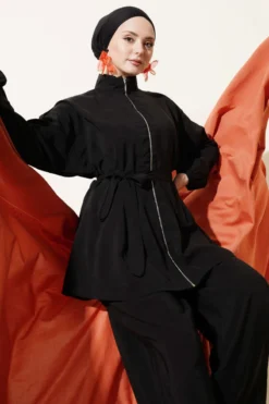 Alternative view of Zippered Belted Modal Two-Piece Set Black