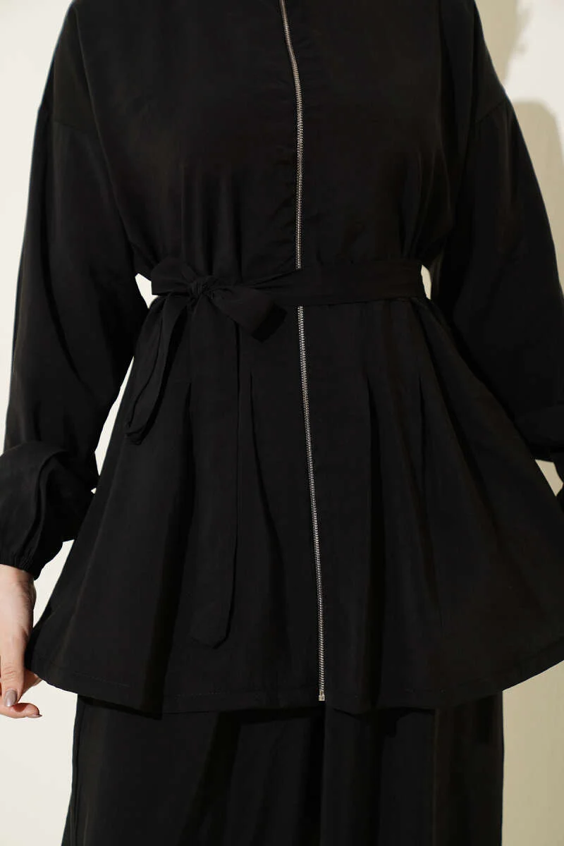 Zippered Belted Modal Two-Piece Set Black - Image 4