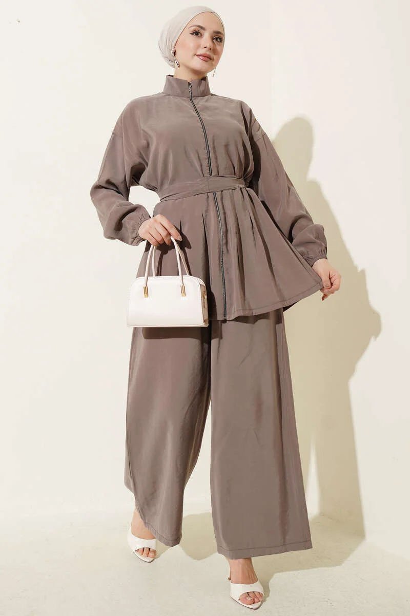 Zippered Belted Modal Two-Piece Set Mink groothandel clothing set - Hicabistan Turkije fabriek