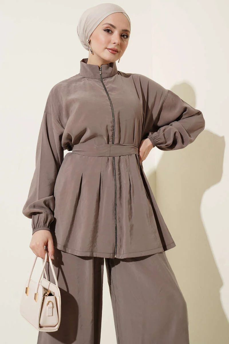 Zippered Belted Modal Two-Piece Set Mink groothandel clothing set view 2 - Hicabistan Turkije fabriek