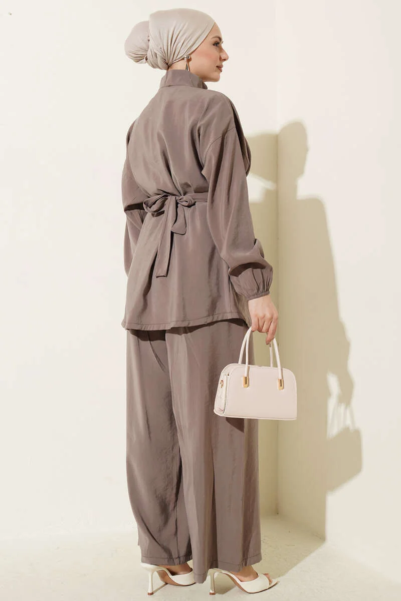 Zippered Belted Modal Two-Piece Set Mink groothandel clothing set view 3 - Hicabistan Turkije fabriek