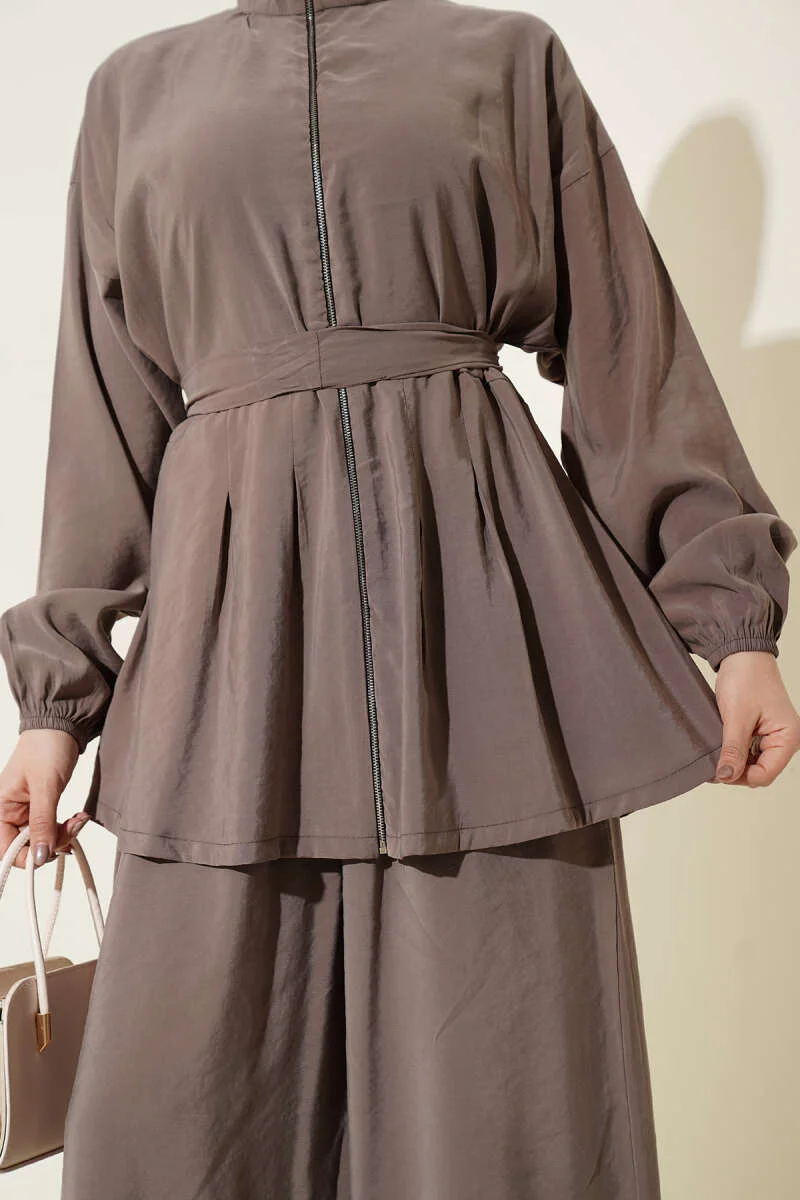 Zippered Belted Modal Two-Piece Set Mink groothandel clothing set view 4 - Hicabistan Turkije fabriek
