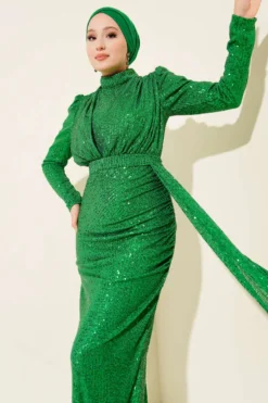 Zippered Sequin Belted Evening Dress بالجملة dress view 2 - Hicabistan مصنع تركيا