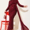 Zippered Sequin Belted Evening Dress Burgundy en gros dress view 2 - Hicabistan usine Turquie