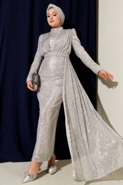 Zippered Sequin Belted Evening Dress بالجملة dress - Hicabistan مصنع تركيا