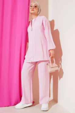 Zippered Side Pocket Two-Piece Set Pink
