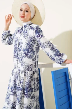 Alternative view of Flower Patterned Viscose Dress Navy Blue