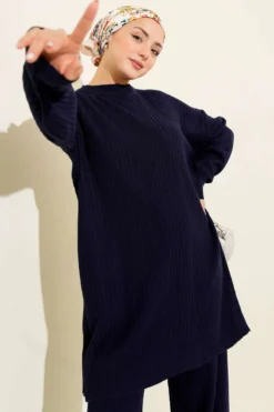 Alternative view of Ribbed Basic Knit Two-Piece Set Navy Blue
