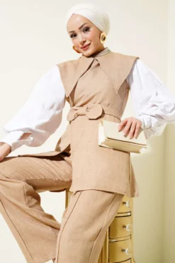 Alternative view of Bow Detail Sailor Collar Two-Piece Set Beige