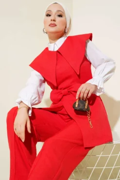 Bow Detail Sailor Collar Two-Piece Set Red en gros clothing set view 2 - Hicabistan usine Turquie