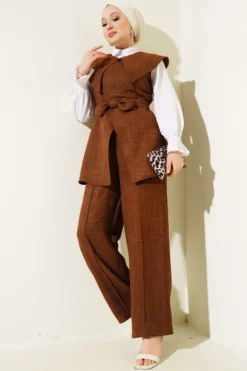 Bow Detail Sailor Collar Two-Piece Set Brown en gros clothing set - Hicabistan usine Turquie