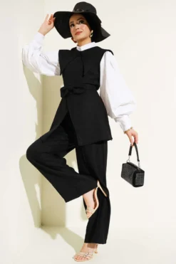 Bow Detail Sailor Collar Two-Piece Set Black
