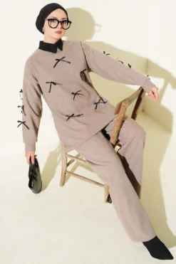 Bow Detail Wool Blend Two-Piece Set Mink