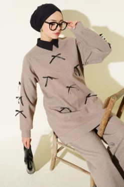 Alternative view of Bow Detail Wool Blend Two-Piece Set Mink