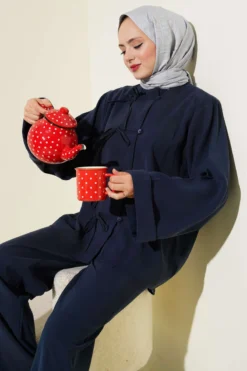 Bow Detail Tencel Two-Piece Set Navy Blue