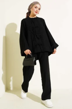 Bow Detail Tencel Two-Piece Set Black