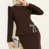 Bow Stone Embellished Skirt Set Brown Großhandel clothing set view 2 - Hicabistan Türkei Fabrik