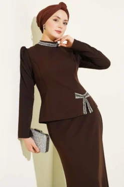 Alternative view of Bow Stone Embellished Skirt Set Brown