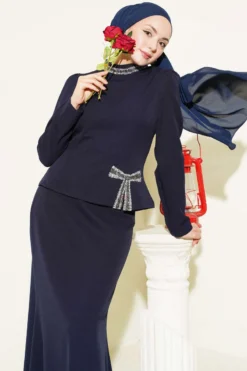 Alternative view of Bow Stone Embellished Skirt Set Navy Blue