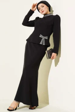 Bow Stone Embellished Skirt Set Black