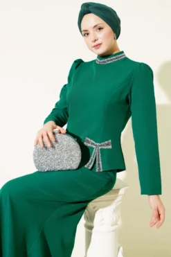Bow Stone Embellished Skirt Set Green