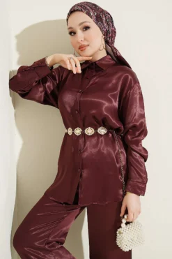 Satin Two-Piece Set with Scarf Detail Burgundy wholesale clothing set view 2 - Hicabistan Turkey factory