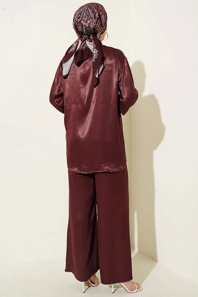 Satin Two-Piece Set with Scarf Detail Burgundy al por mayor clothing set view 3 - Hicabistan fábrica Turquía