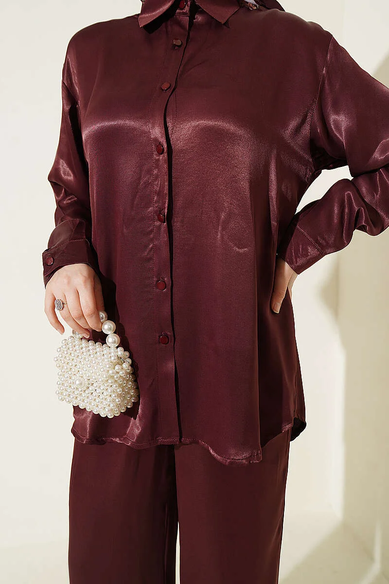 Satin Two-Piece Set with Scarf Detail Burgundy al por mayor clothing set view 4 - Hicabistan fábrica Turquía