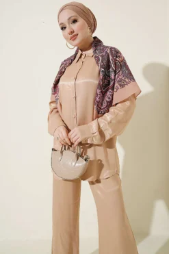 Satin Two-Piece Set with Scarf Detail Camel wholesale clothing set view 2 - Hicabistan Turkey factory