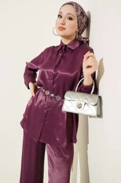 Satin Two-Piece Set with Scarf Detail Plum wholesale clothing set view 2 - Hicabistan Turkey factory
