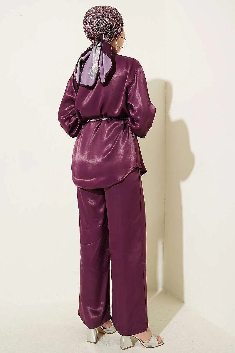 Satin Two-Piece Set with Scarf Detail Plum wholesale clothing set view 3 - Hicabistan Turkey factory