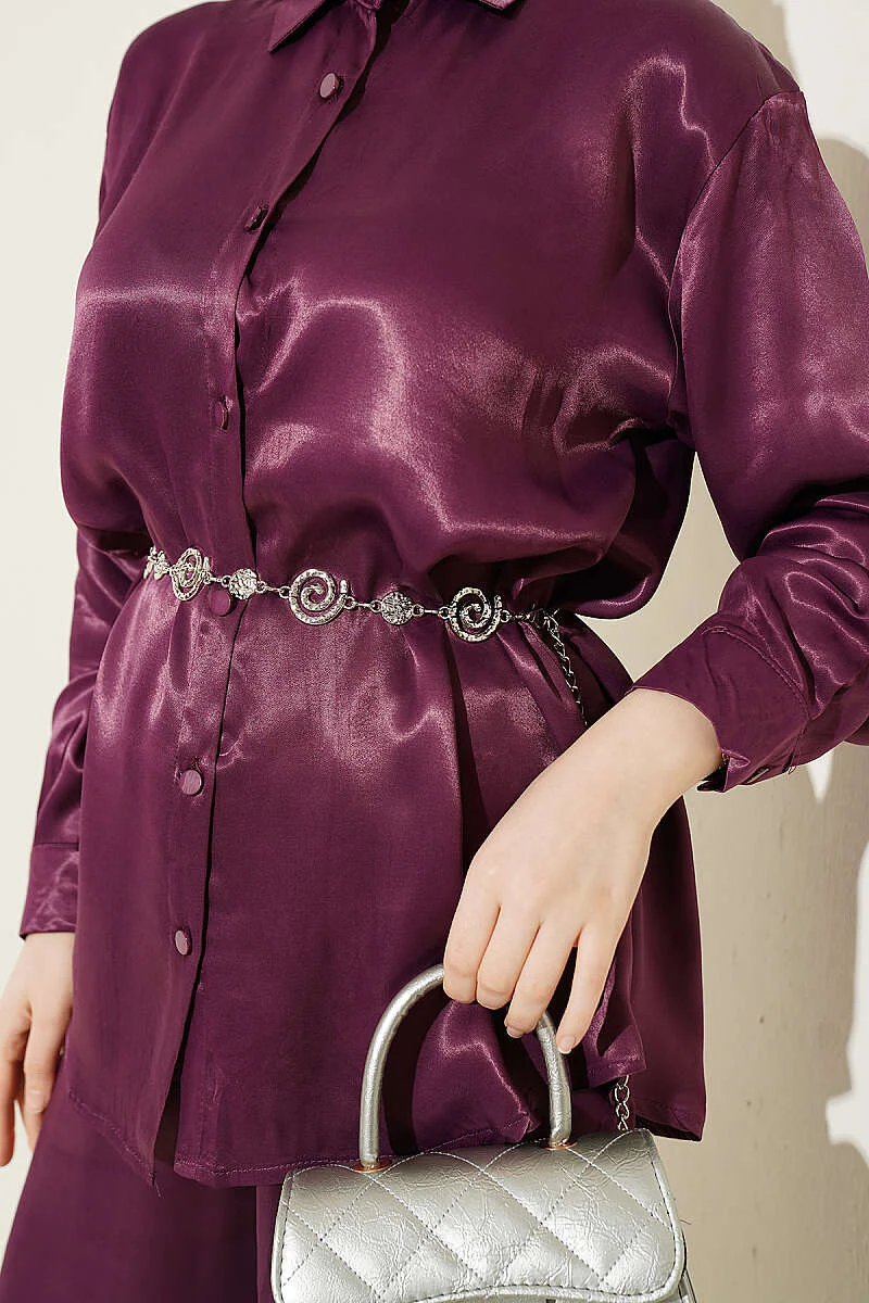 Satin Two-Piece Set with Scarf Detail Plum wholesale clothing set view 4 - Hicabistan Turkey factory