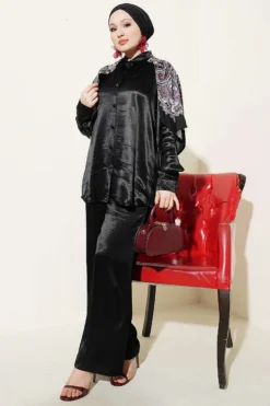Satin Two-Piece Set with Scarf Detail Black wholesale clothing set view 2 - Hicabistan Turkey factory