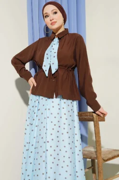 Fularlı Bel Tünelli Etekli İkili Takım Blue wholesale clothing set view 2 - Hicabistan Turkey factory