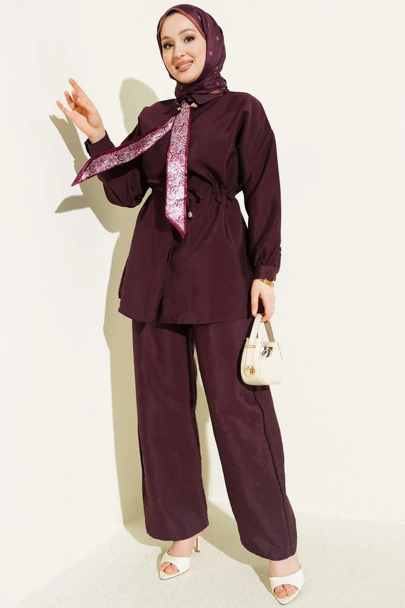Fularlı Bel Tünelli Paraşüt İkili Takım Burgundy wholesale clothing set - Hicabistan Turkey factory