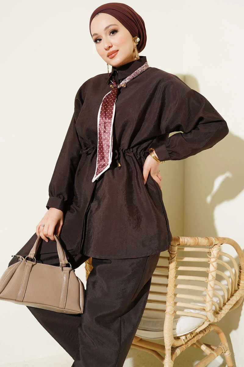 Fularlı Bel Tünelli Paraşüt İkili Takım Brown al por mayor clothing set view 2 - Hicabistan fábrica Turquía