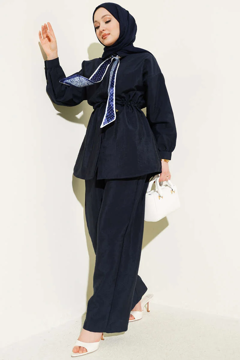 Fularlı Bel Tünelli Paraşüt İkili Takım Navy Blue بالجملة clothing set - Hicabistan مصنع تركيا