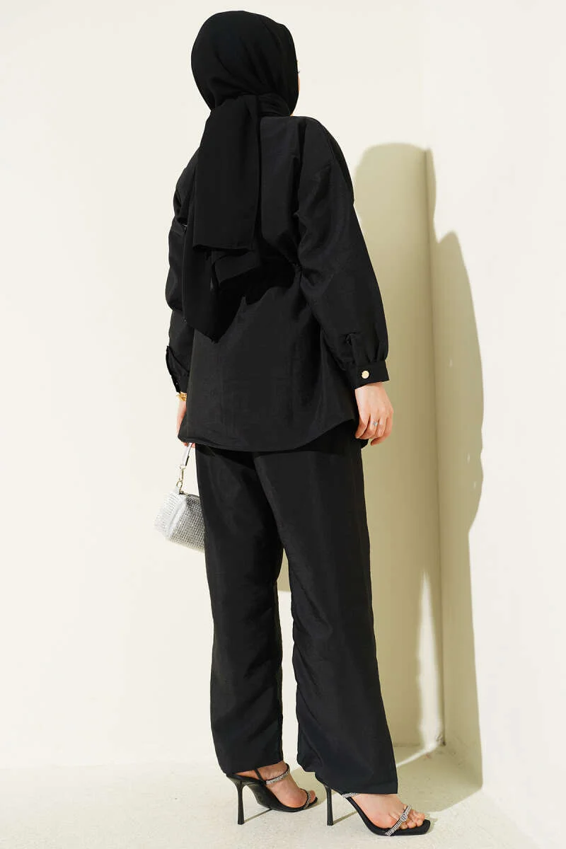 Fularlı Bel Tünelli Paraşüt İkili Takım Black al por mayor clothing set view 3 - Hicabistan fábrica Turquía