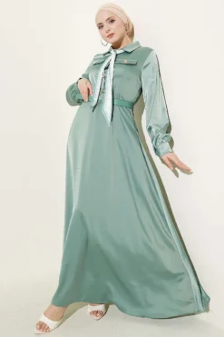 Satin Evening Dress with Scarf and Belt en gros dress view 2 - Hicabistan usine Turquie