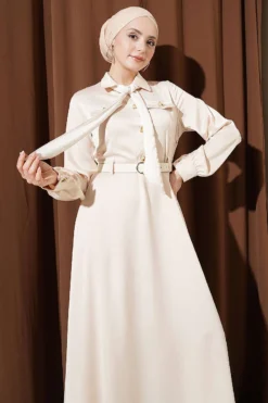 Satin Evening Dress with Scarf and Belt Beige en gros dress view 2 - Hicabistan usine Turquie