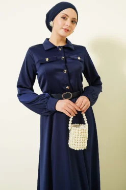 Satin Evening Dress with Scarf and Belt Navy Blue en gros dress view 2 - Hicabistan usine Turquie