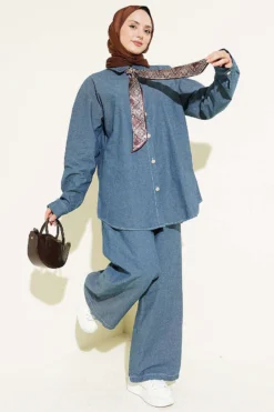 Denim Two-Piece Set with Button Detail Stone wholesale clothing set - Hicabistan Turkey factory