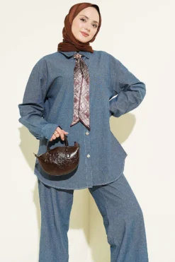 Denim Two-Piece Set with Button Detail Stone wholesale clothing set view 2 - Hicabistan Turkey factory