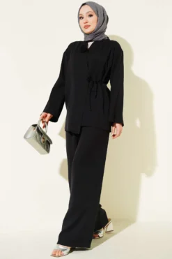Rose Accessory Tie Two-Piece Set Black all'ingrosso clothing set - Hicabistan fabbrica Turchia