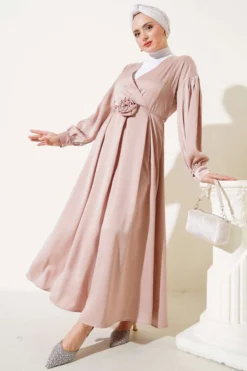 Satin Dress with Rose Accessory Beige