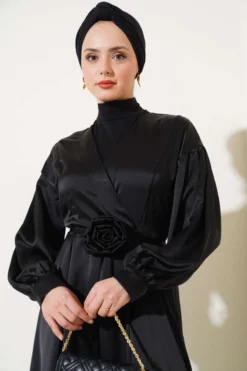Alternative view of Satin Dress with Rose Accessory Black