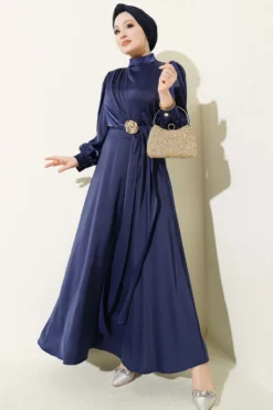 Rose Buckle Satin Evening Dress Navy Blue all'ingrosso dress - Hicabistan fabbrica Turchia