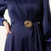Rose Buckle Satin Evening Dress Navy Blue groothandel dress view 4 - Hicabistan Turkije fabriek