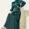 Rose Buckle Satin Evening Dress Emerald en gros dress view 2 - Hicabistan usine Turquie